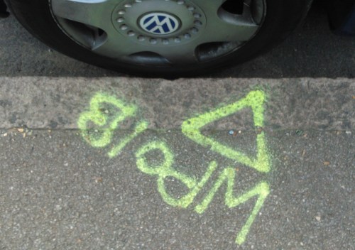 Kerb markings on Wood Lane in preparation for the road resurfacing
