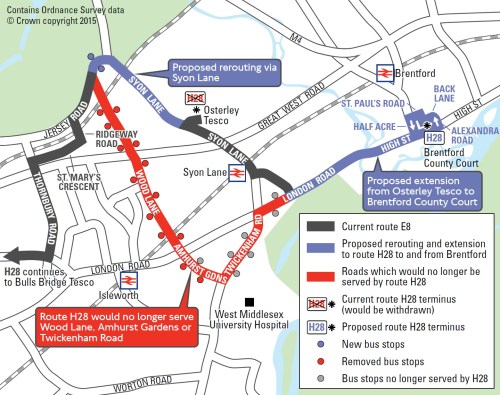 Proposed new route for the H28 which will see the removal of a service to West Middlesex Hospital operating since 1995