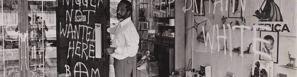 Mr Huntley after one of the regular late 1970s racist attacks on the Bogle-L'Ouverture Bookshop at Chignell Place, West Ealing
