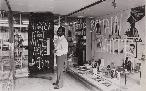 Mr Huntley after one of the regular late 1970s racist attacks on the Bogle-L'Ouverture Bookshop at Chignell Place, West Ealing